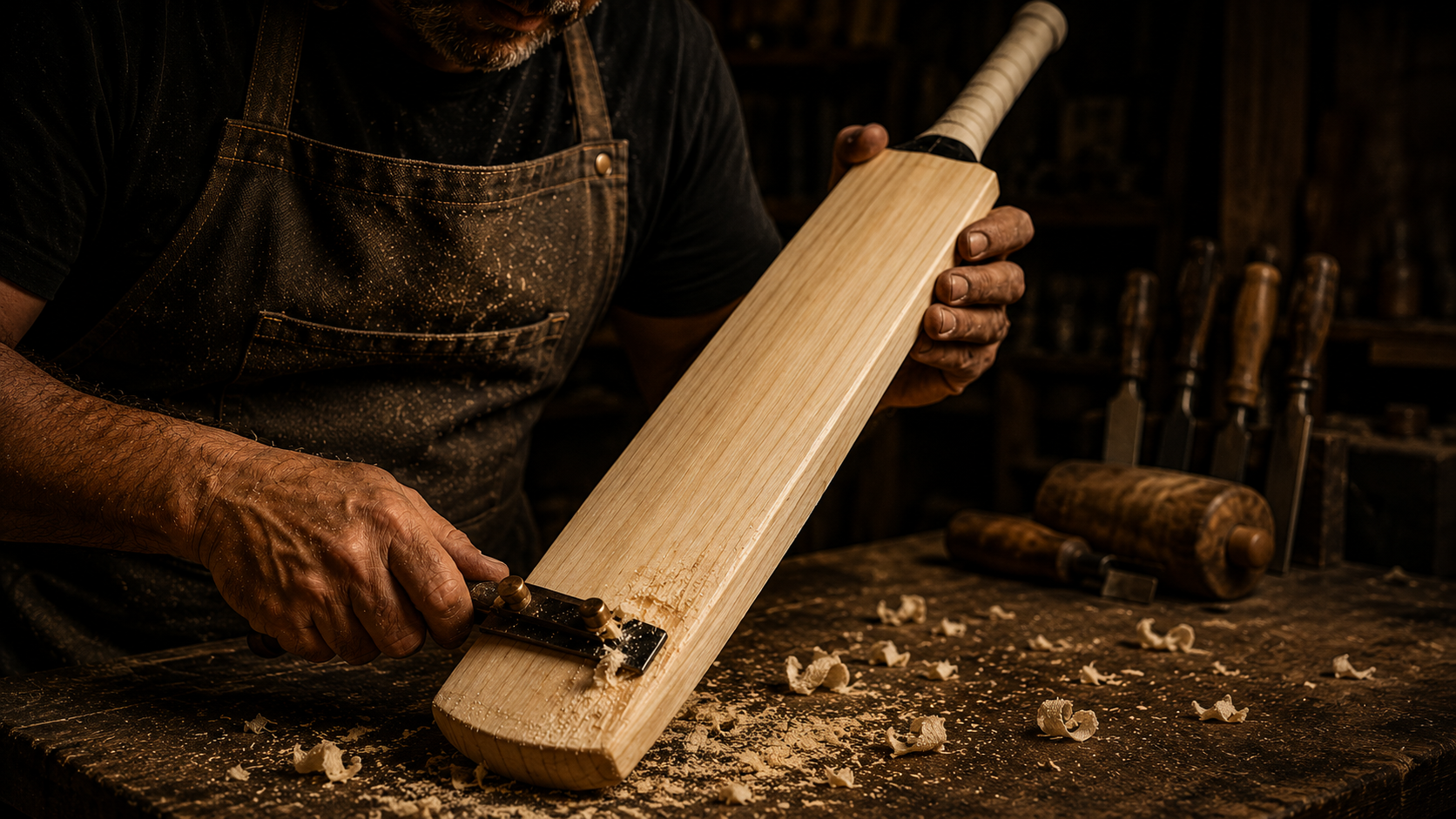 A craftsman shaving willow from a cracked Z-Bat cricket bat under studio light