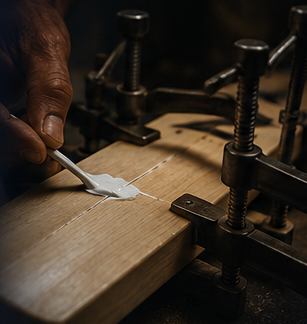 A bat clamped from all sides while glue cures