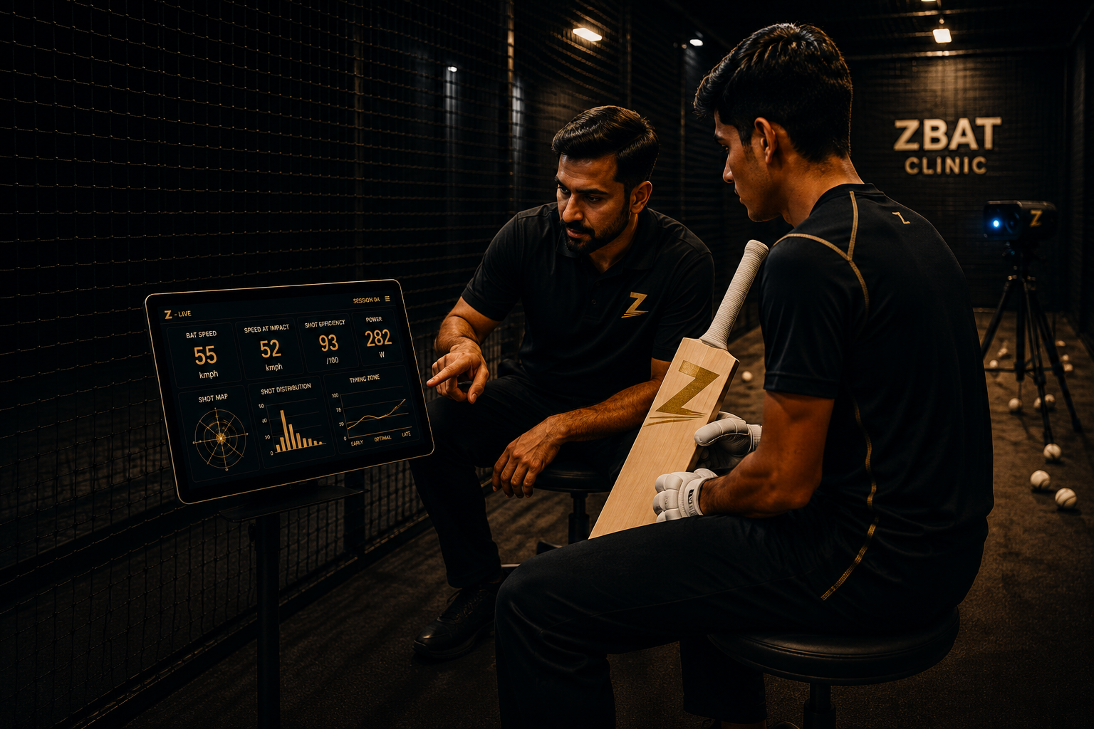 A Z-Bat consultant and a player at the sensor rig in the Parel clinic