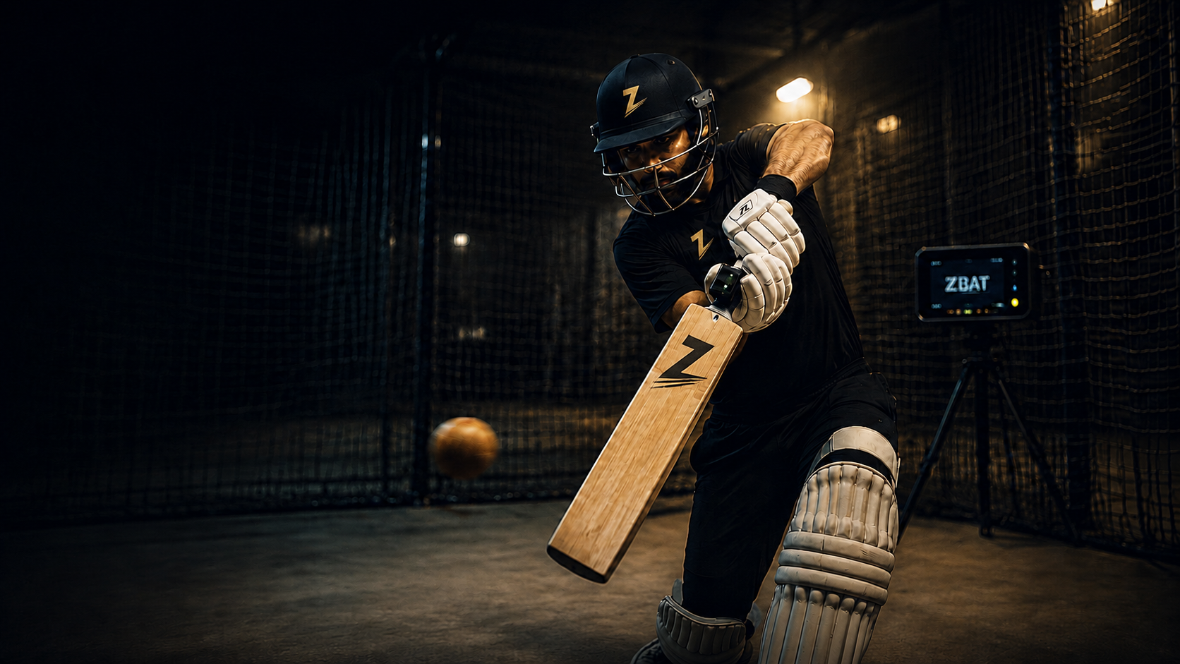 A batsman mid-shot at the Z-Bat Clinic, a sensor visible on the bat handle