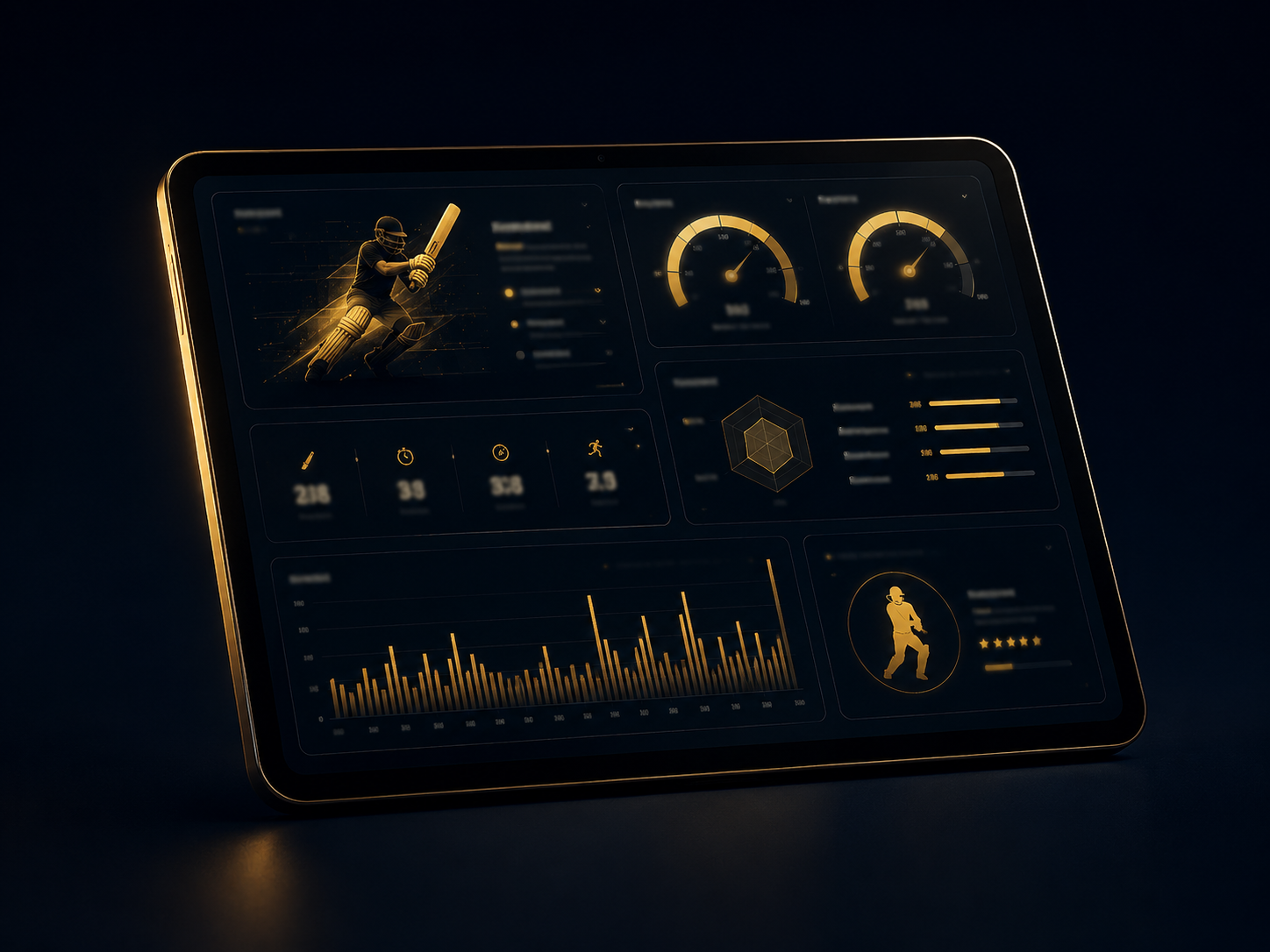 Sample ZAC clinic report on a tablet: gauges, shot stats, performance over time, and a bat match