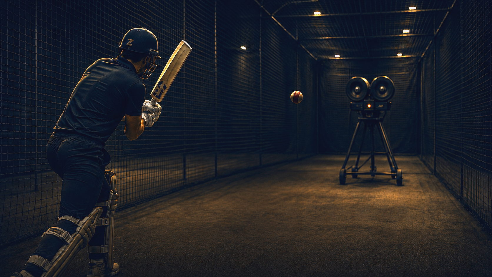 Batsman facing the bowling machine in the clinic nets