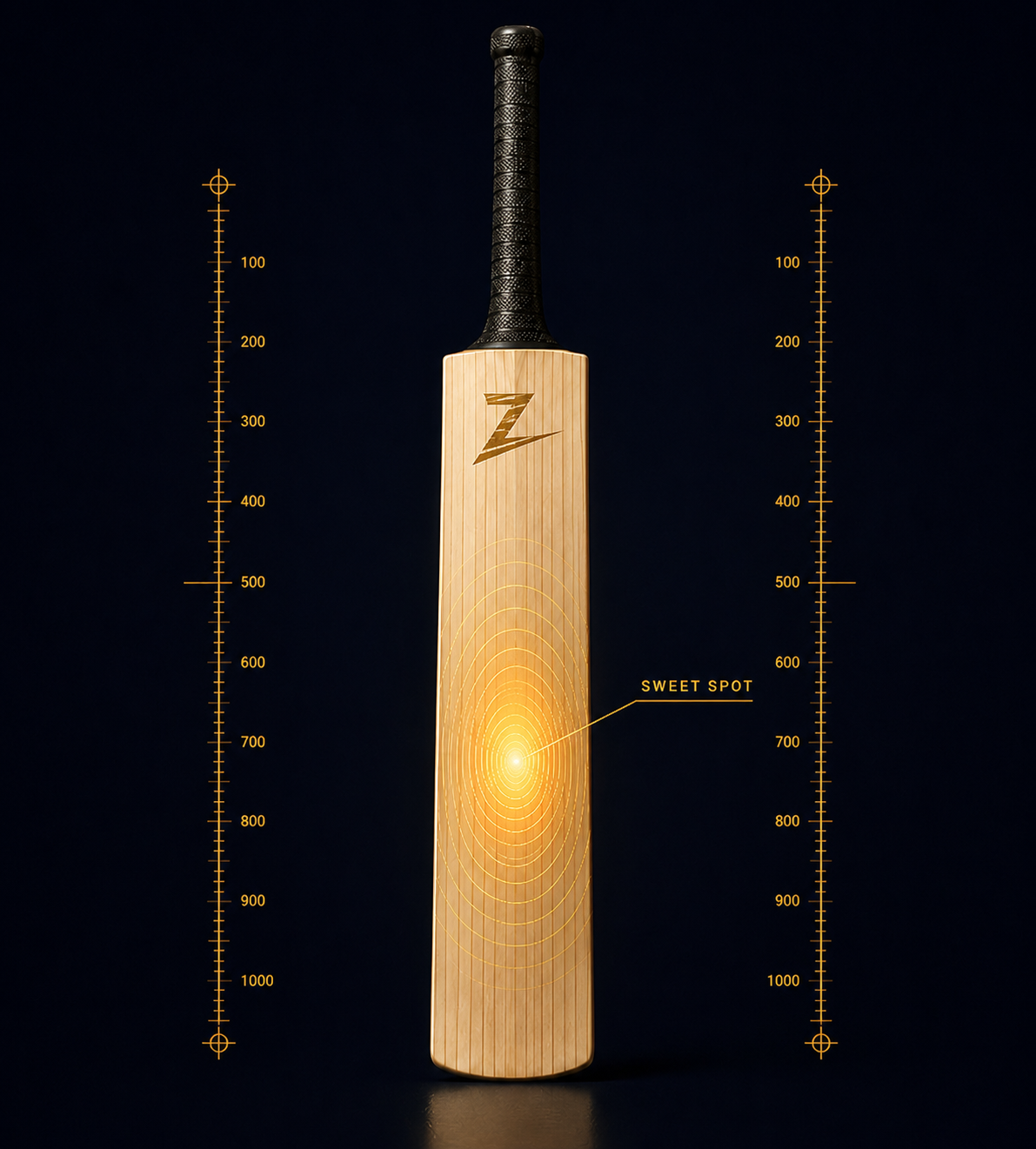 Cricket bat blade with a glowing gold sweet-spot heatmap and measurement ticks