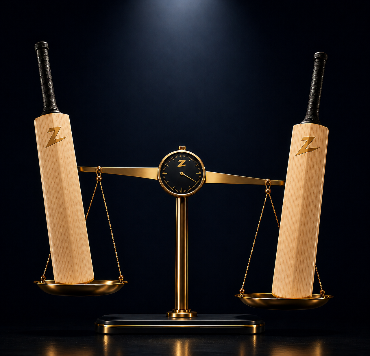Two cricket bats balanced on a brass weighing scale, each glowing with a pickup heatmap