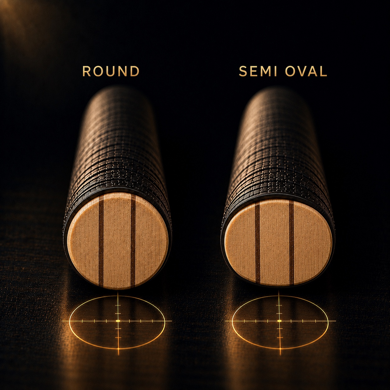 Two bat handle cross-sections end-on, a round handle and an oval handle, with gold reticle markers