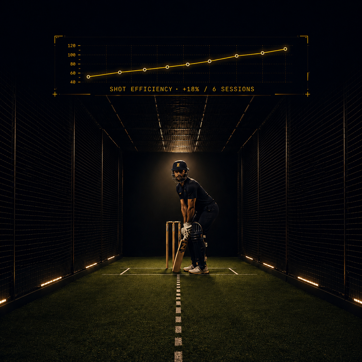 Batsman in a sensor-tracked indoor net with a shot-efficiency line chart overlaid showing +18% over 6 sessions