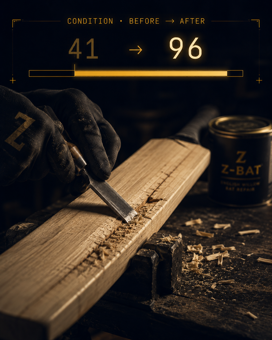 Gloved hands restoring a cricket bat with a chisel; a before-to-after condition bar overlaid showing 41 to 96